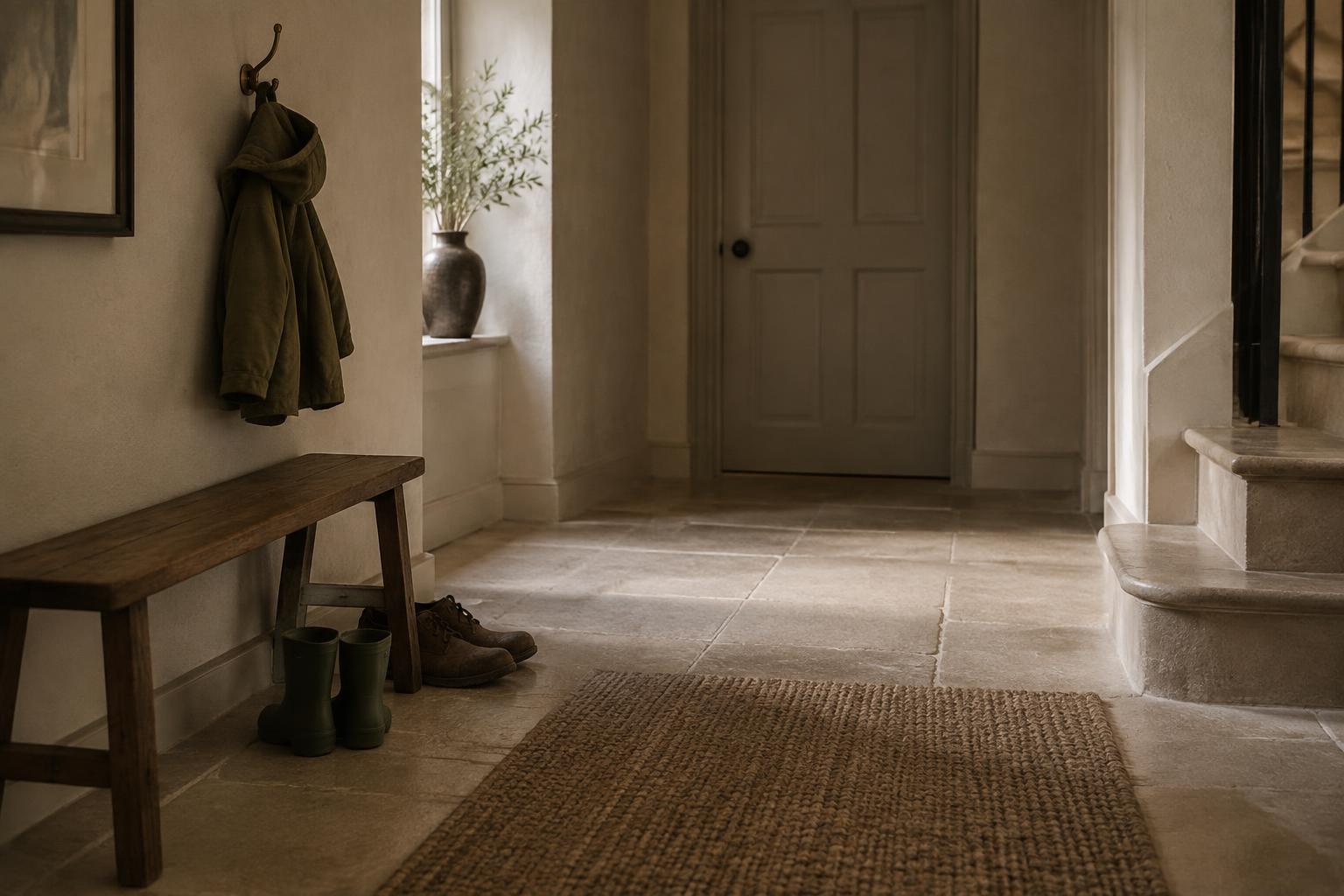 A quiet family hallway with small rain boots, larger shoes and a coat beside a closed door in soft afternoon light