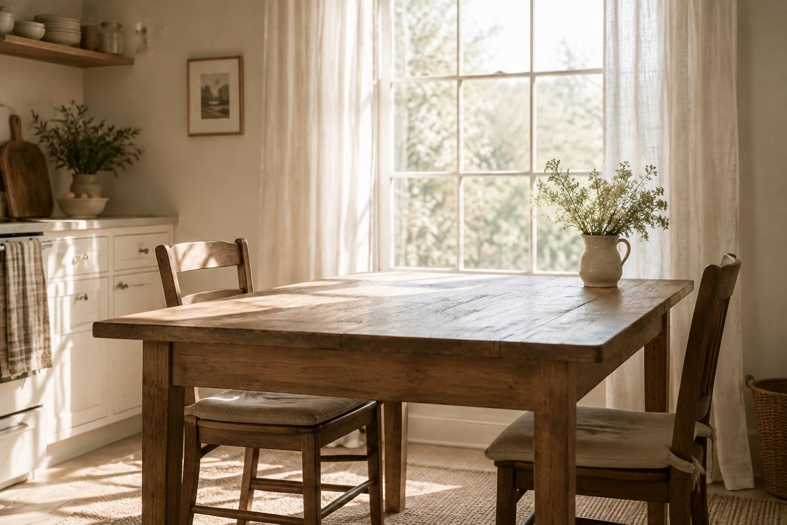 A bare wooden table with empty chairs in bright morning light