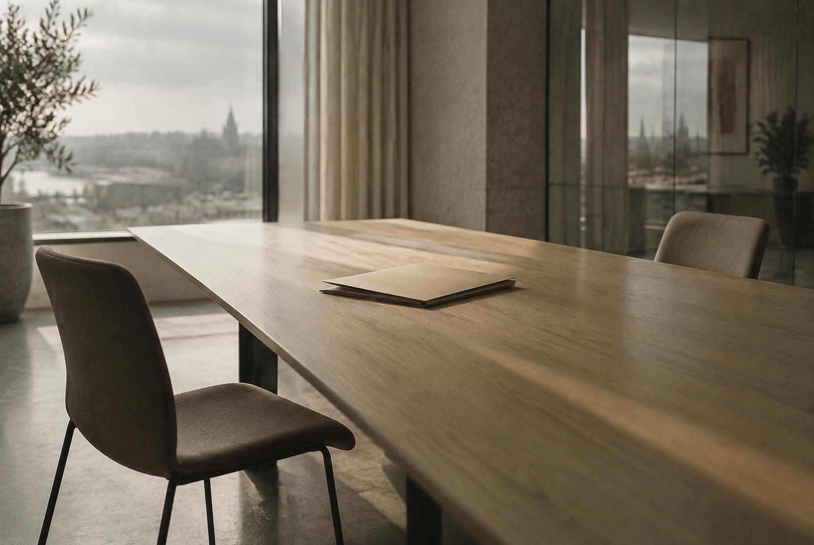 Two chairs left apart at a pale meeting table, with a closed folder between them in soft afternoon light