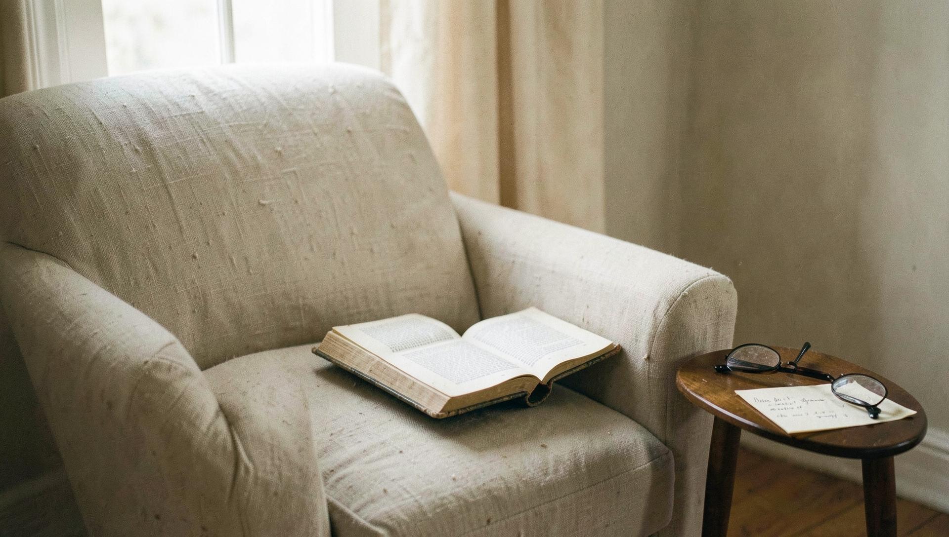 An open, slightly worn book left on a linen armchair beside reading glasses and a handwritten note, in soft natural daylight