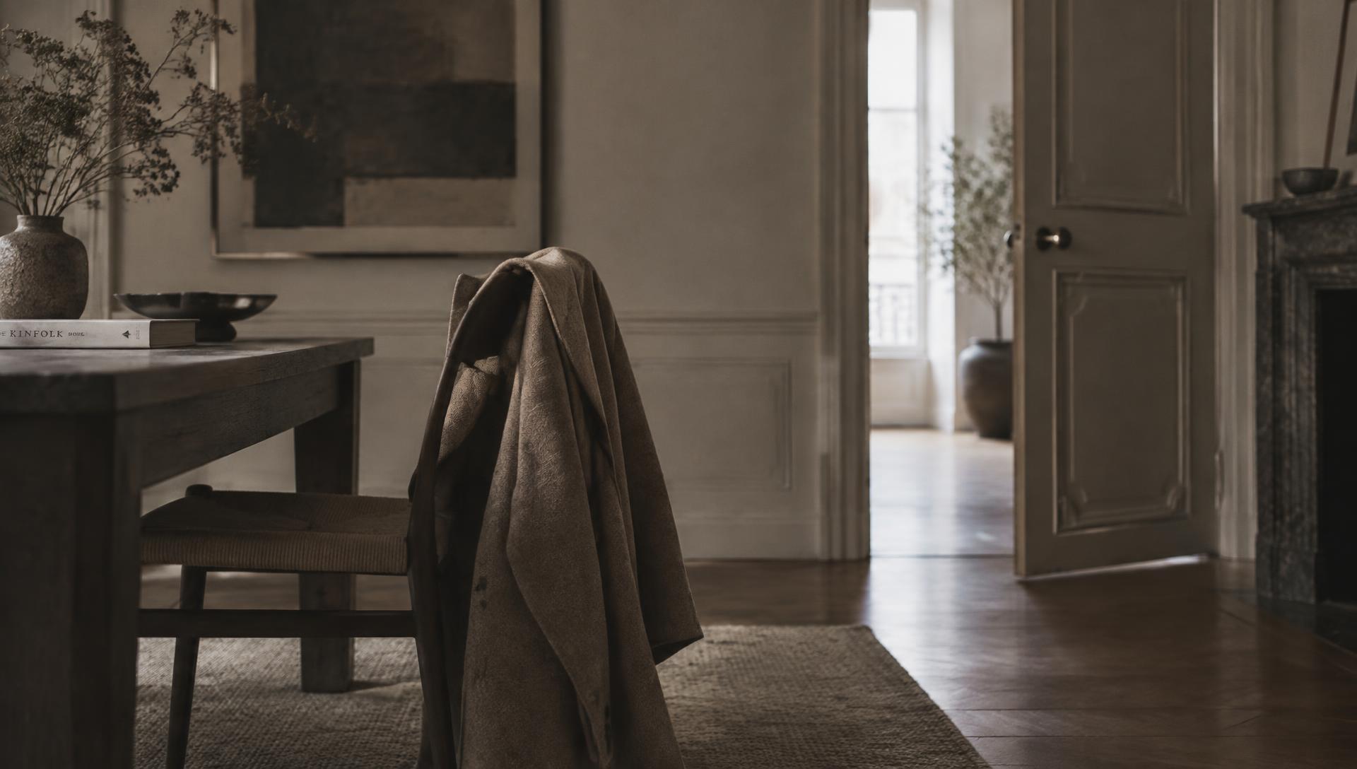 A coat left over the back of a chair in a still room, a door ajar onto pale daylight